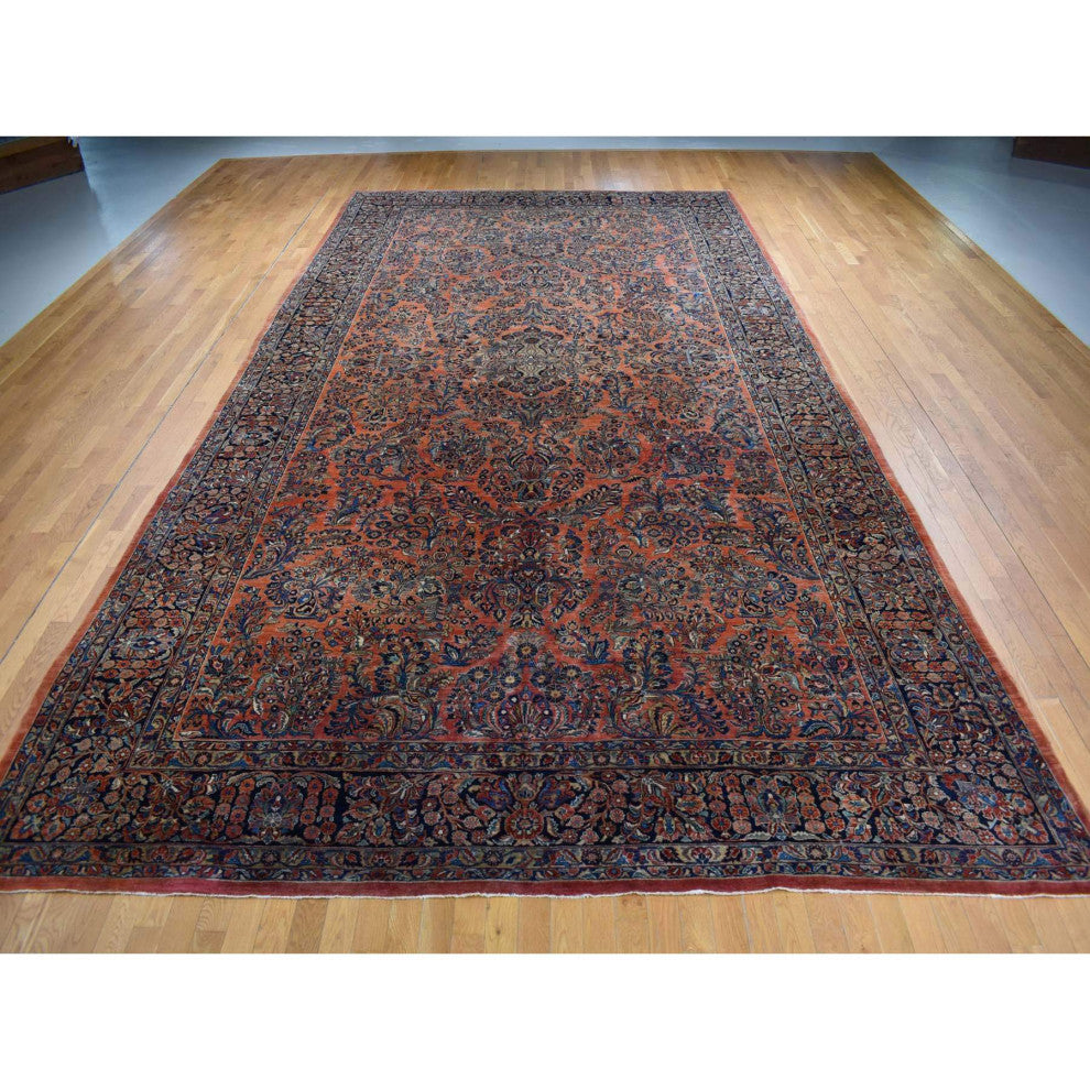 Prismatic Red, Antique Persian Sarouk, Pure Wool Hand Knotted Rug, 10'6"x19'3"