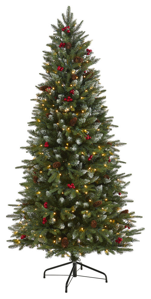 6' Snow Tipped Portland Spruce Faux Xmas Tree W/ Berries & Pinecones W/Lights