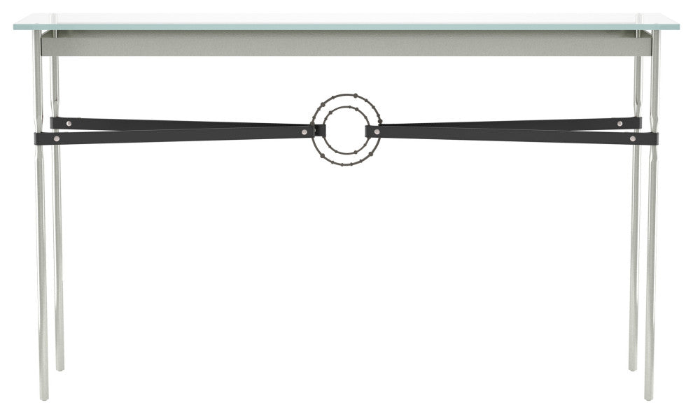 Equus Console Table, Sterling Finish - Dark Smoke Accents - Black Leather Strap
