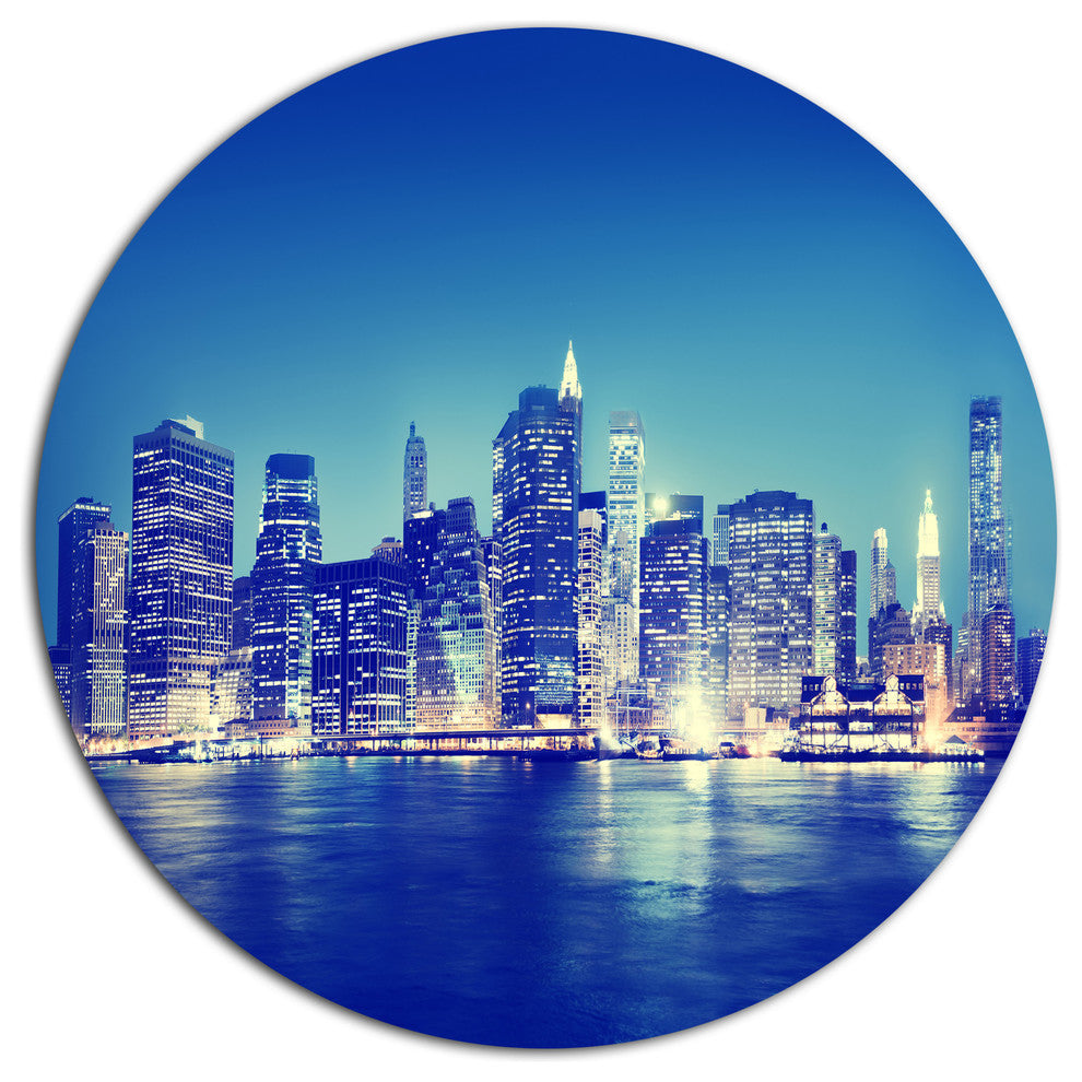 New York City Night Panorama, Cityscape Wall Disc Metal Wall Art, 23"