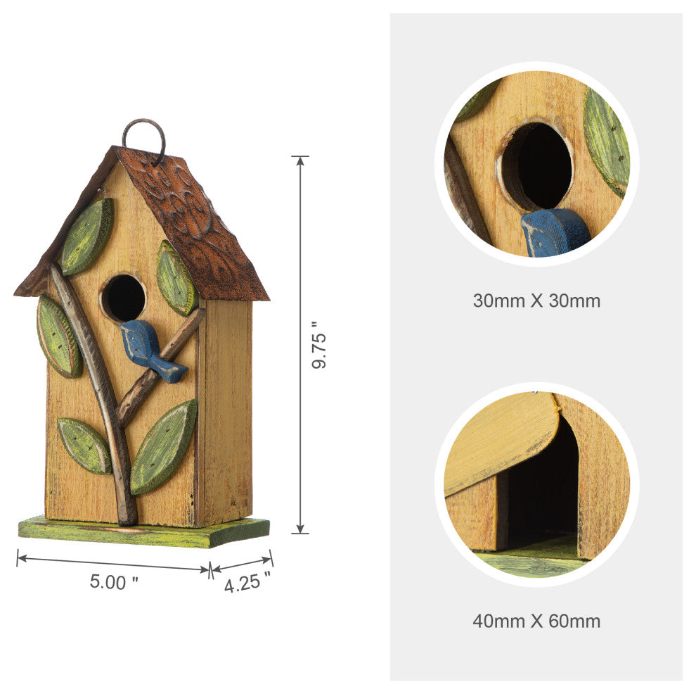 9.75"H Washed Yellow Distressed Solid Wood Birdhouse With 3D Tree and Bird