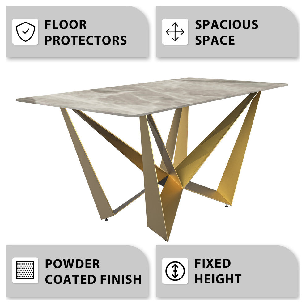 LeisureMod Nuvor Dining Table With Rectangular Top and Gold Steel Base, Deep Gray, 55 Inch