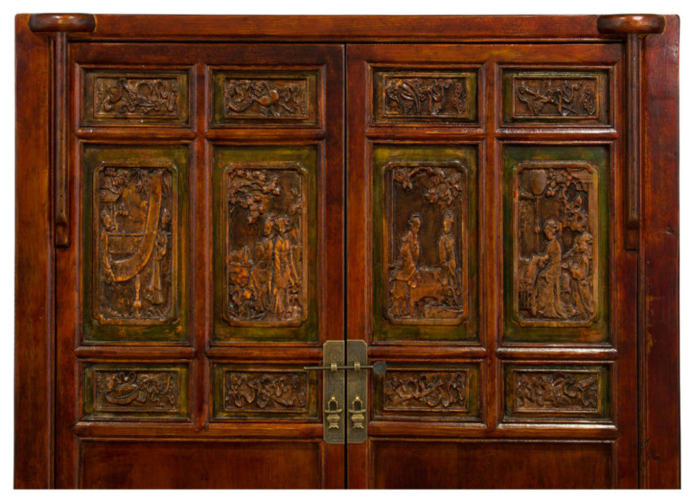 Vintage Elmwood Chinese Armoire with Carved Panels