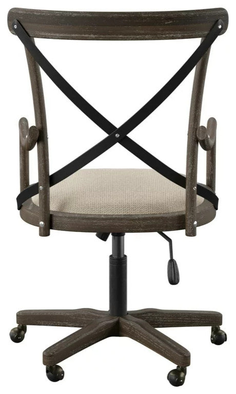 French Country Office Chair, Wooden Frame With Curved Arms & X-Shaped Backrest