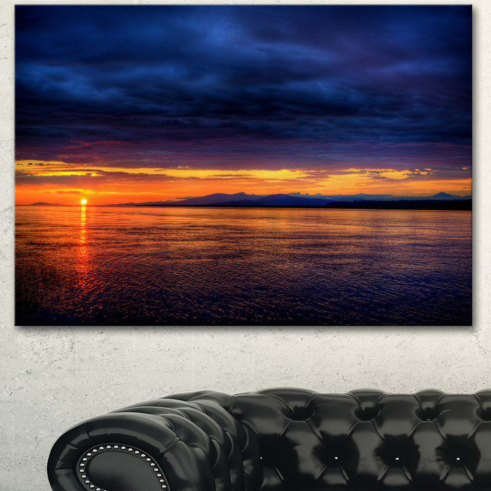 Blue Cloudy Sky and Setting Sun, Seashore Photo Canvas Art Print, 40"x30"