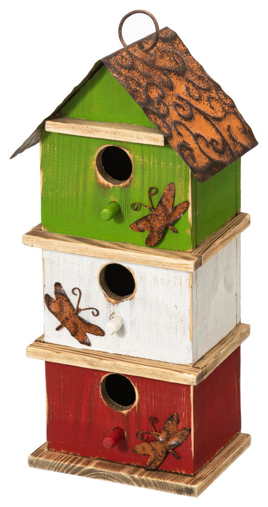 Three-Tiered Distressed Solid Wood Birdhouse