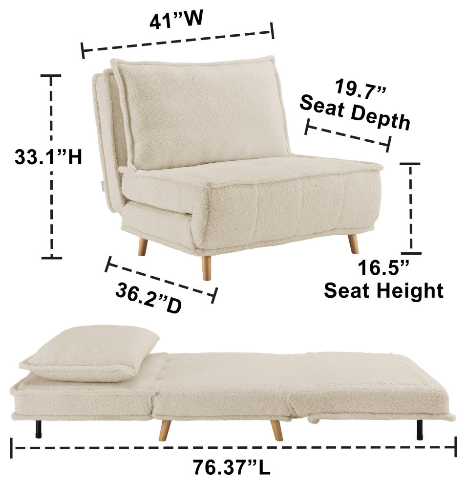 Modern Fabric Upholstered Convertible Sofa Bed Folding Sleeper Chair, Off White