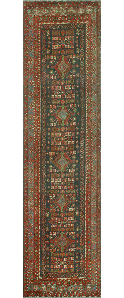 Fine Vintage Distressed Costari Navy/Rust Runner, 3'8x14'9