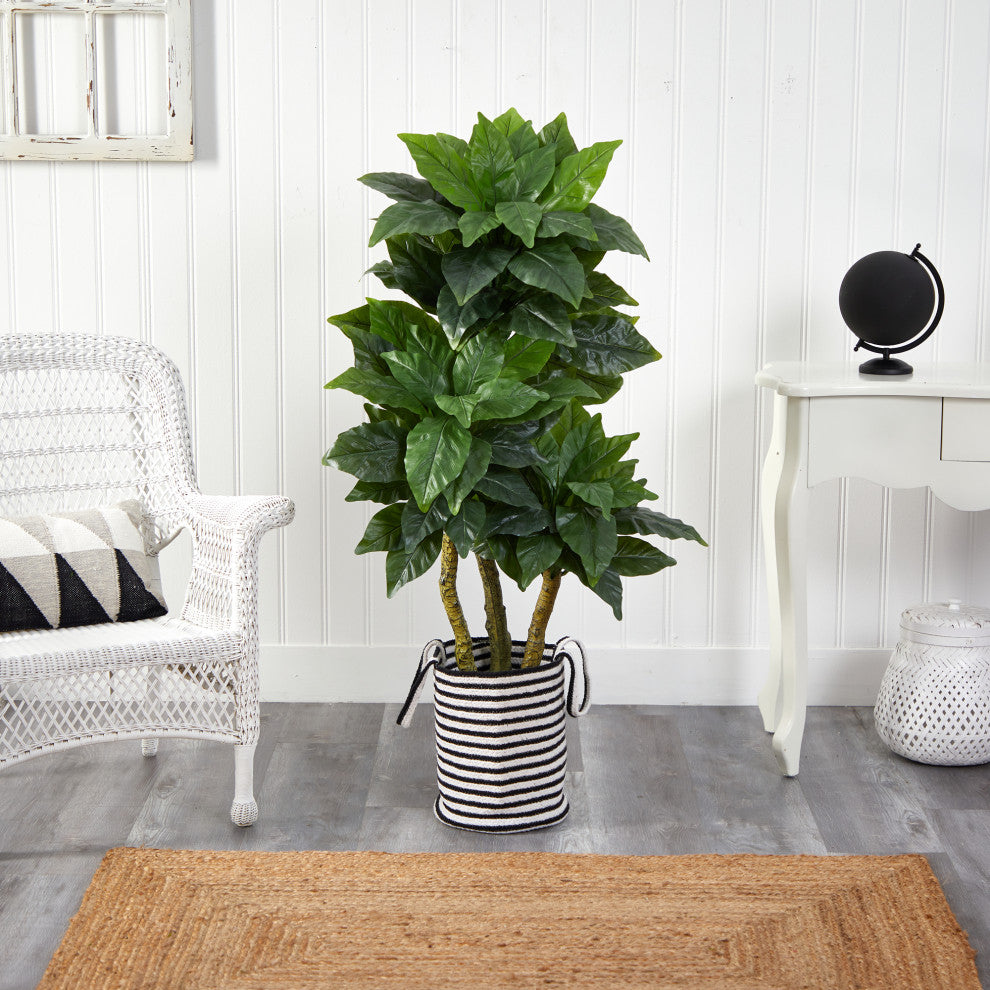 5' Bird Nest Faux Tree, Handmade Black/White Natural Jute and Cotton Planter