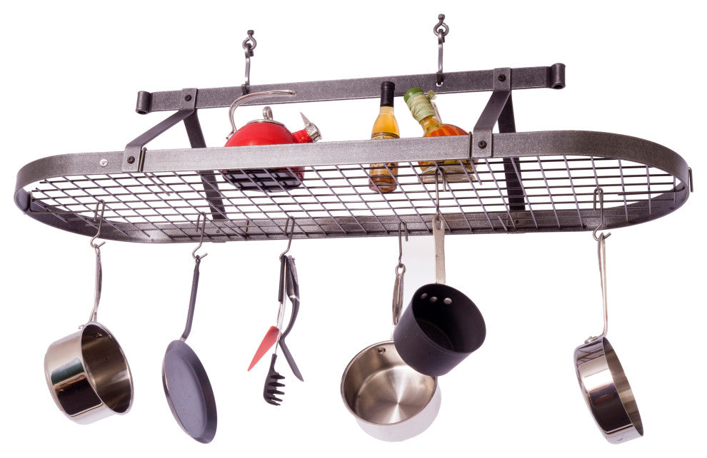 Handcrafted 60" French Oval Ceiling Pot Rack w 30 Hooks Hammered Steel