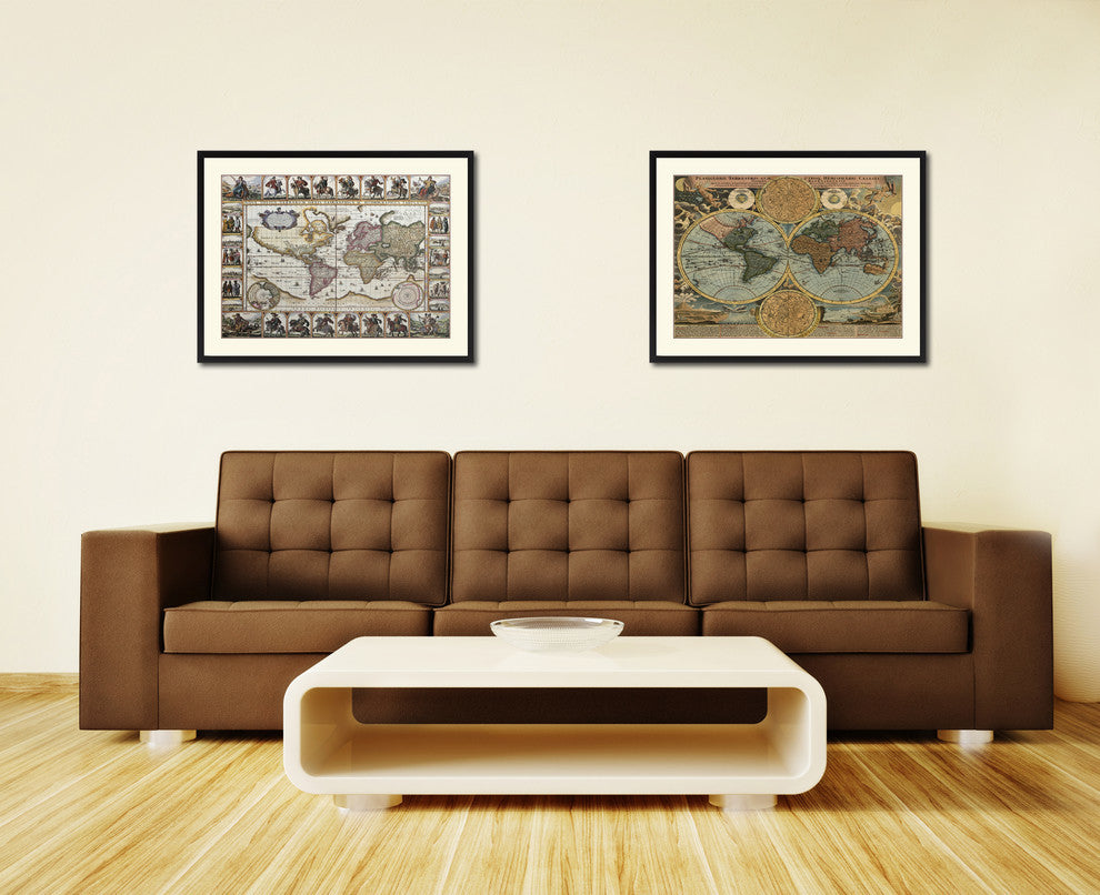 World Vintage Map Print On Canvas With Picture Frame 28" X 37"