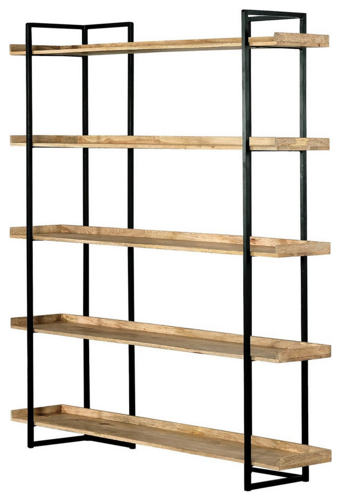 Benzara BM286429 Wide Bookshelf, Reclaimed Mango Wood Shelves, Black Metal Frame