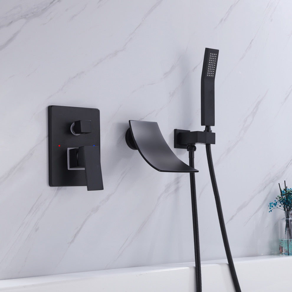 Wall Mounted Pressure Balance Dual Handle Roman Tub Faucet with Hand shower, Mat