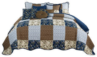 Patchwork Quilted 8-Piece Bed Spread Coverlet Set, Dark Blue, Queen
