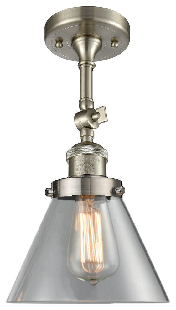 Large Cone LED Semi-Flush Mount, Brushed Satin Nickel, Glass: Clear
