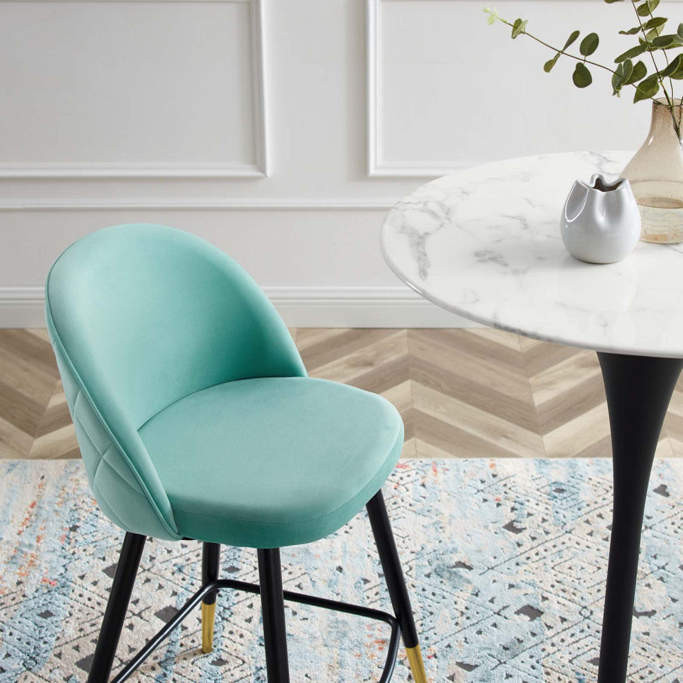 Counter Stool Chair, Set of 2, Velvet, Metal, Blue, Modern, Bar Pub Cafe Bistro