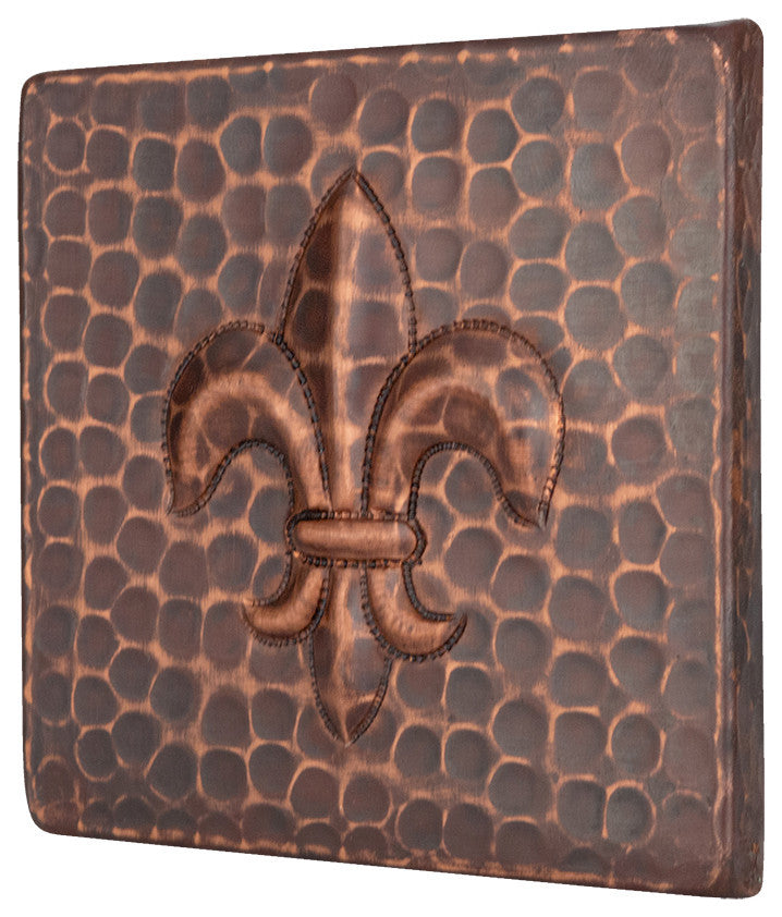 Hammered Copper Fleur De Lis Tile, 4"x4", Set of 4