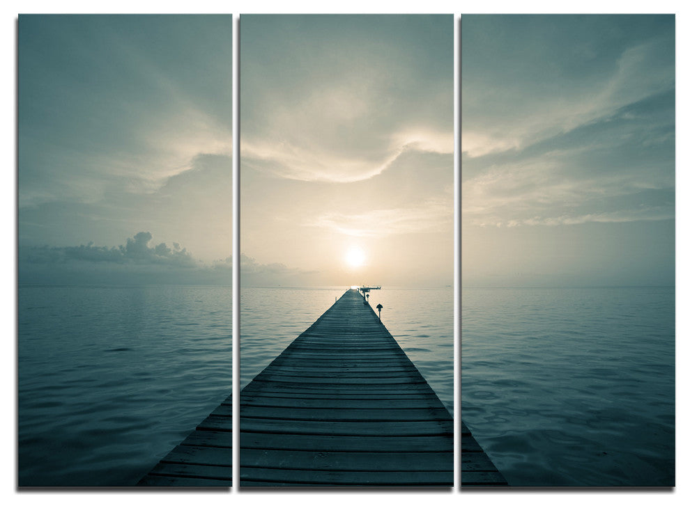 "Dark Boardwalk into Blue Sea" Sea Bridge Metal Wall Art, 3 Panels, 36"x28"