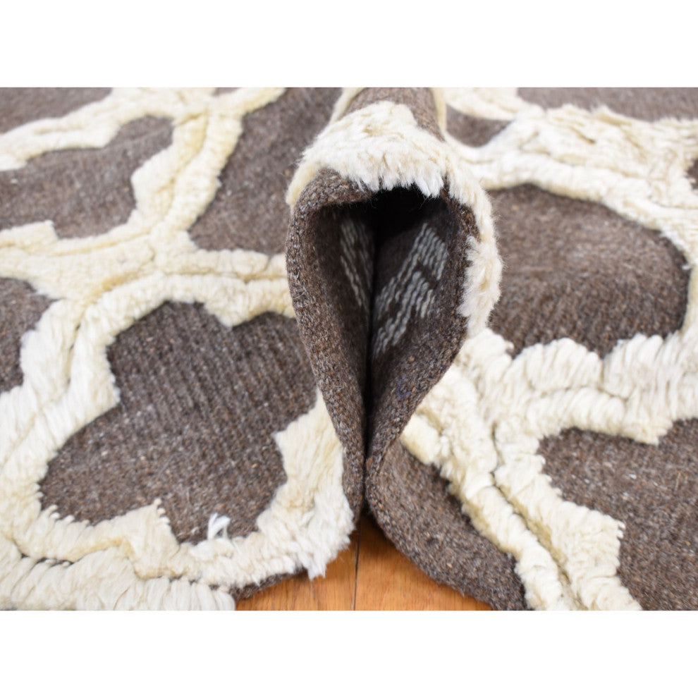 Ivory and Gray, Soft Wool, Hand Knotted, High and Lo Pile Rug, 9'3"x11'7"