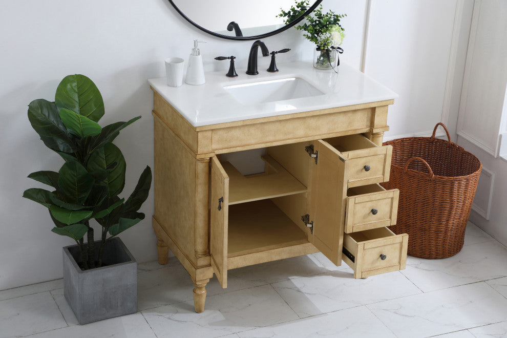 36" Single Bathroom Vanity, Antique Beige With Ivory White Engineered Marble