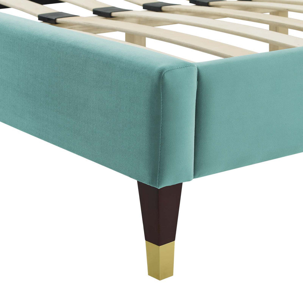 Platform Bed Frame, King Size, Blue, Velvet, Modern, Bedroom Master Guest Suite
