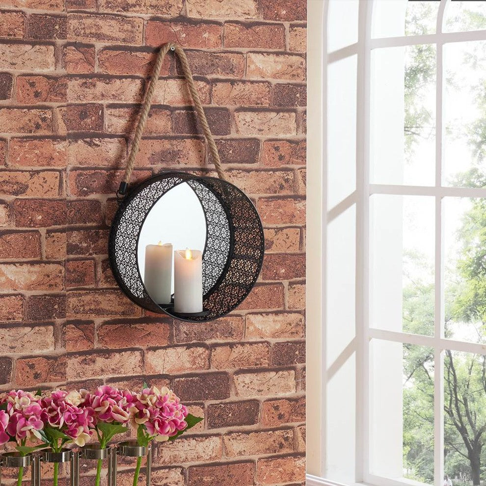 Round Mirror Pillar Candle Sconce With Filigree Metal Frame
