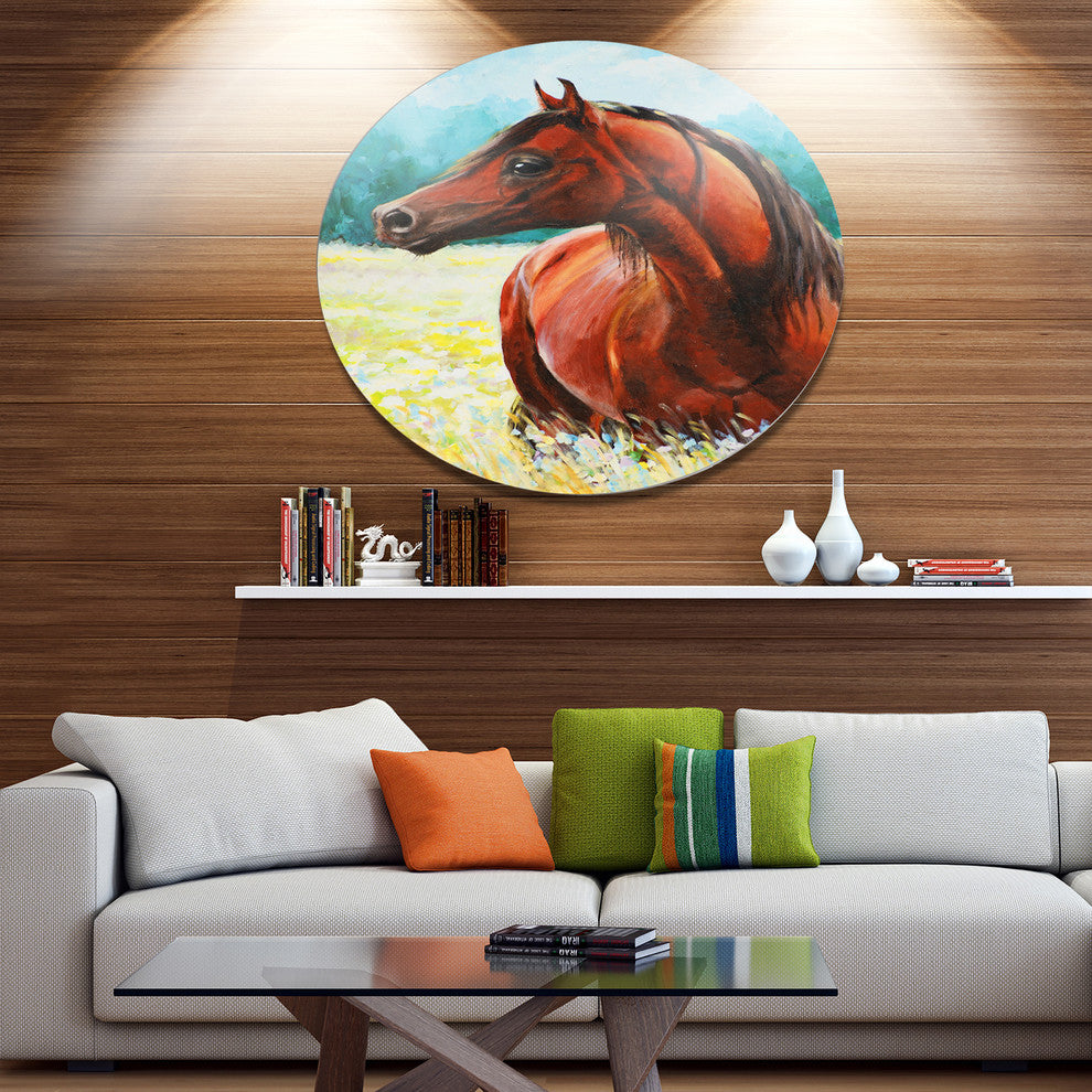 Brown Arabian Horse Painting, Animal Round Metal Wall Art, 36"