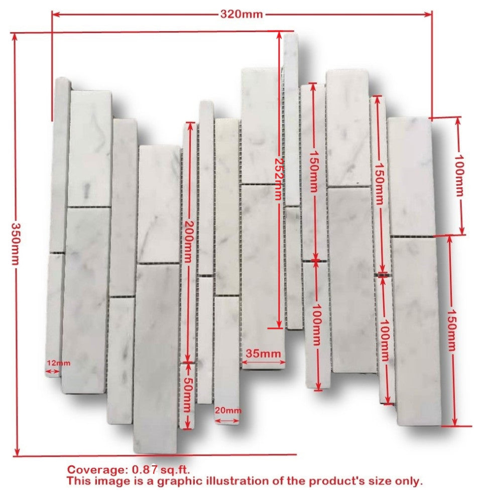 Carrara White Marble Random Strip Modern Brick Mosaic Tile Honed, 1 sheet