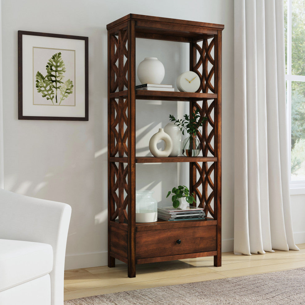 Lorena 30"W 3-Tier Etagere With Storage Drawer, Brown