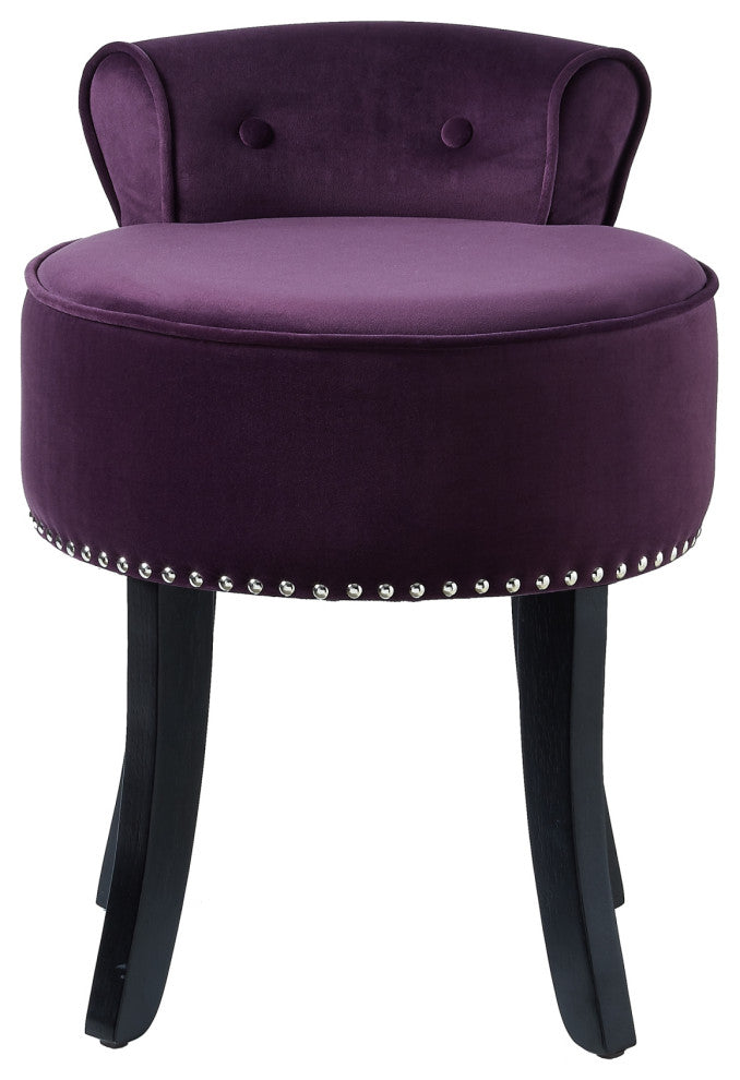 Ludovic Velvet Contemporary Nailhead Trim Rolled Back Vanity Stool, Purple