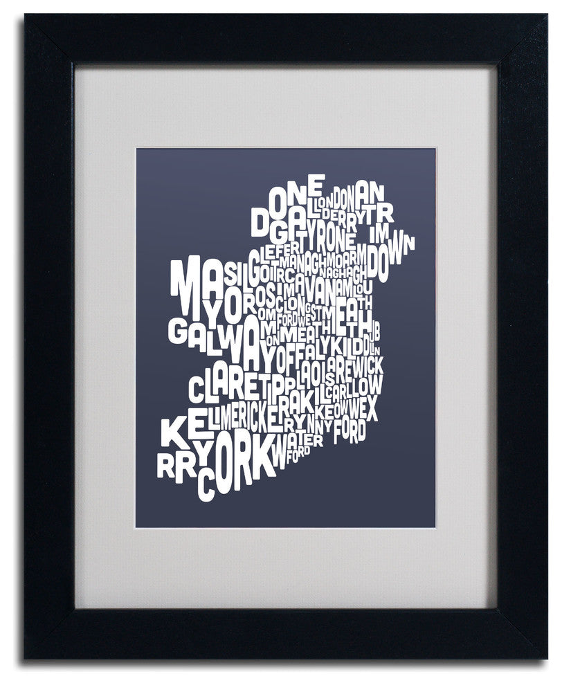 'Ireland Text Map - Slate' Matted Framed Canvas Art by Michael Tompsett
