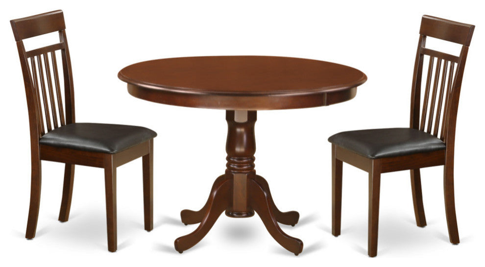 3 Pc Set With A Round Kitchen Table And 2 Leather Kitchen Chairs, Mahogany