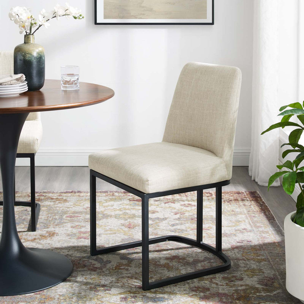 Side Dining Chair, Fabric, Metal, Black Beige, Modern, Cafe Bistro Restaurant