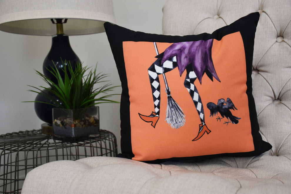 Fly Away Witch 18" Orange Halloween Print Decorative Throw Pillow