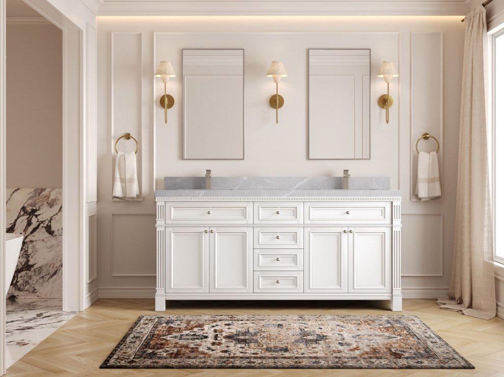 Paris 72" Double Sink Bathroom Vanity, White 2" Pearl Gray