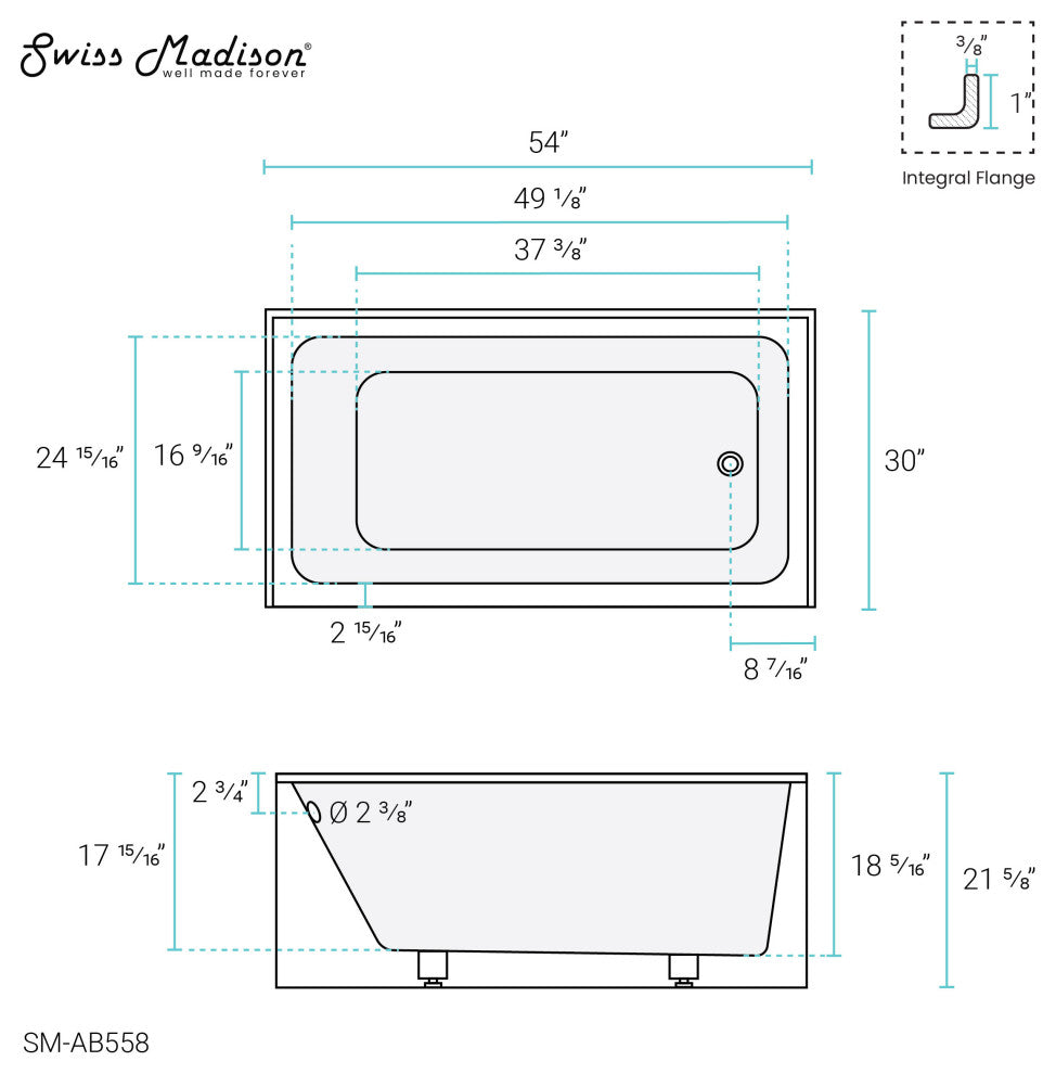 Voltaire 54"x30" Alcove Bathtub With Apron, Right Drain