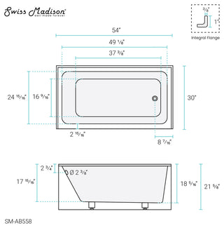 Voltaire 54"x30" Alcove Bathtub With Apron, Right Drain