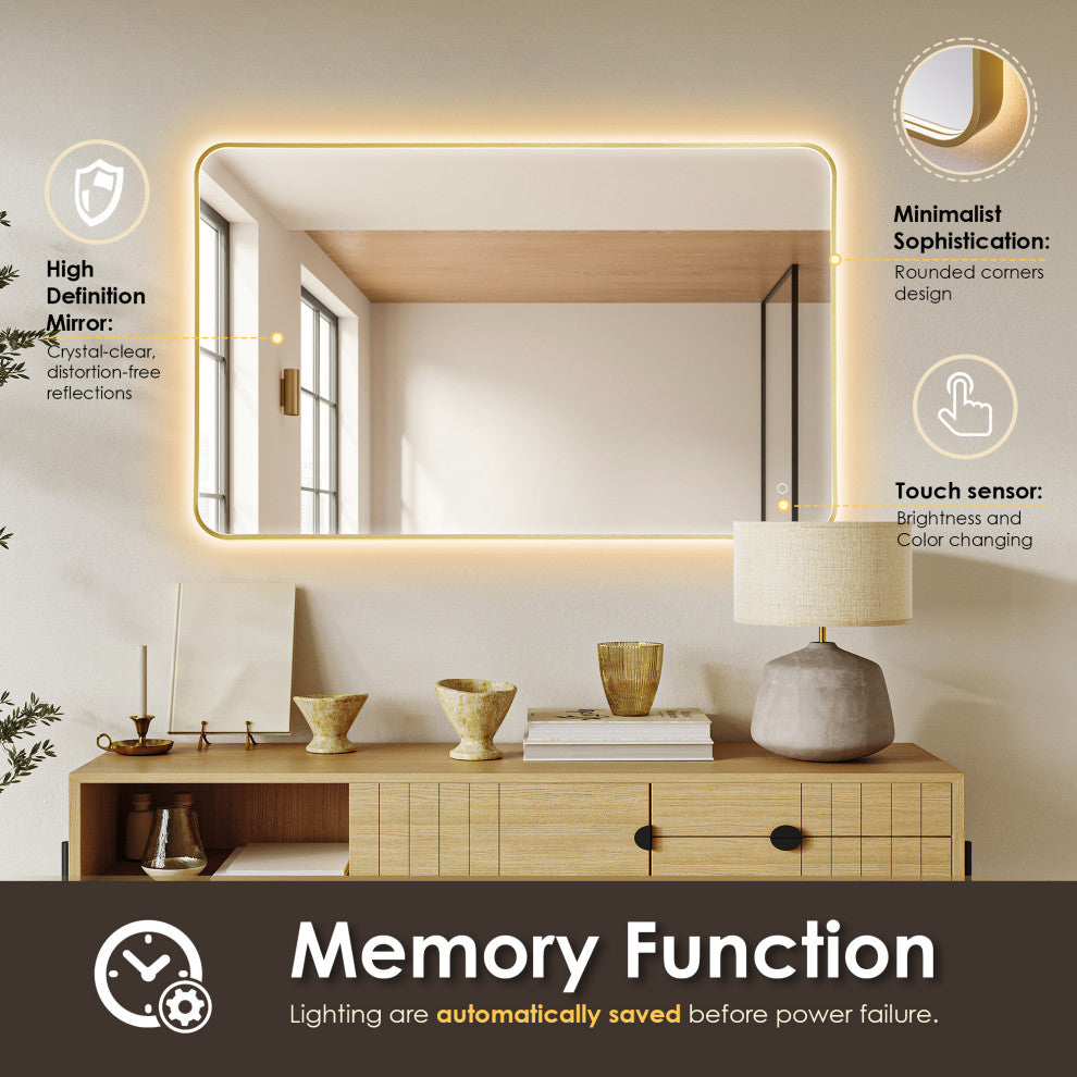 Dazzle Rectangular Bathroom/Vanity LED Lighted Wall Mirror, Brushed Gold, 48"