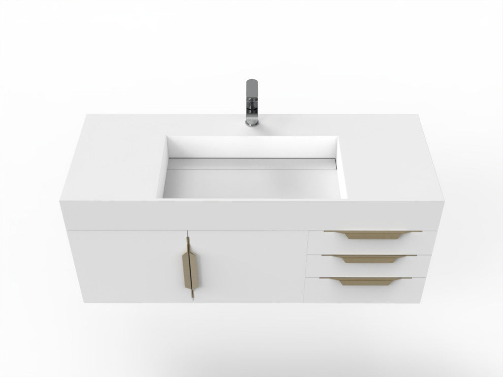 CastelloUSA Amazon 48" Wall Mounted Vanity Set, White, White Top, Gold Handles