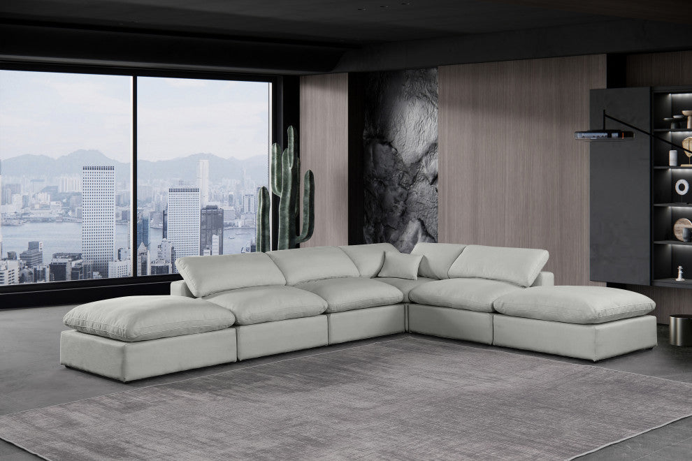 Comfy Upholstered L-Shaped Modular Sectional, Grey, 6-Piece: 3 Armless Chair, 1 Corner Chair, 2 Ottoman, Linen Textured Fabric