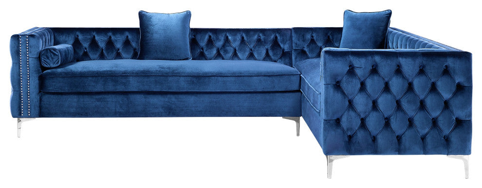 Jeannie 120" Velvet Corner Sectional Sofa, Navy, Right Facing
