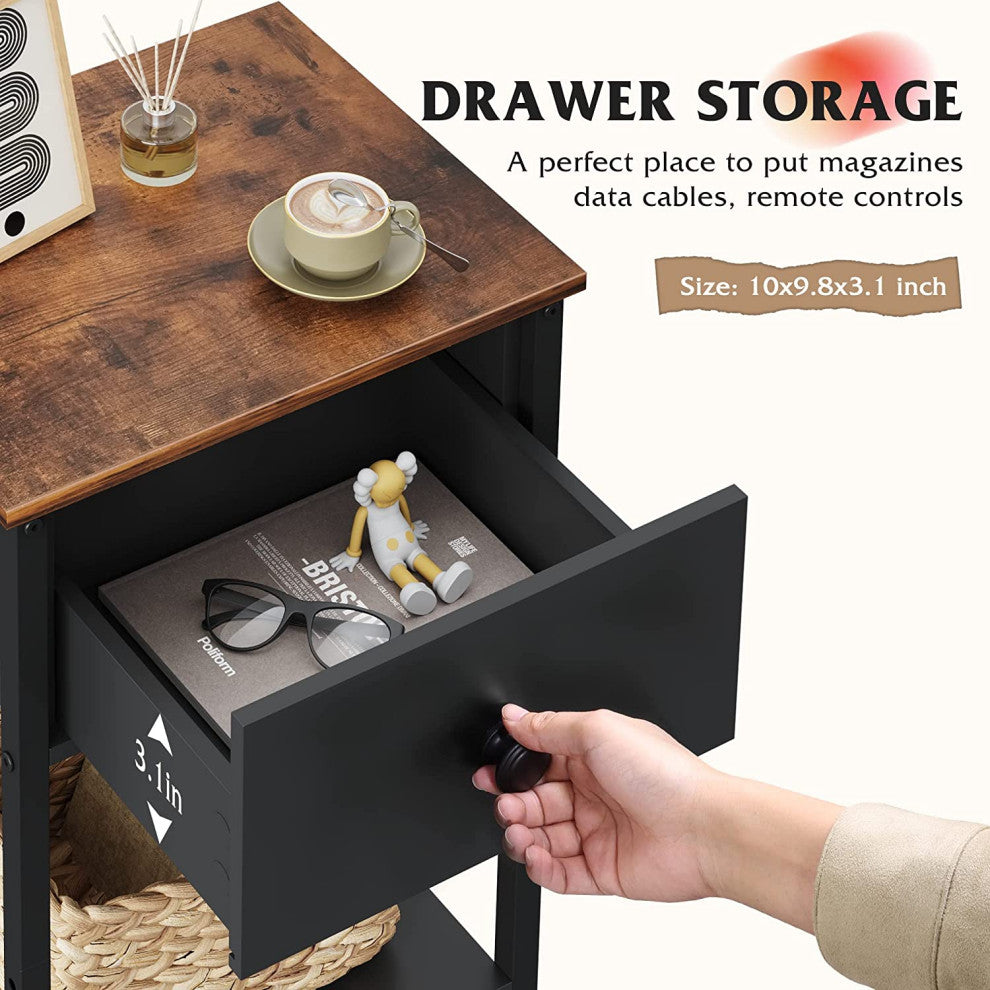 Nightstand with Drawer, Storage and Sturdy Metal Frame, Black