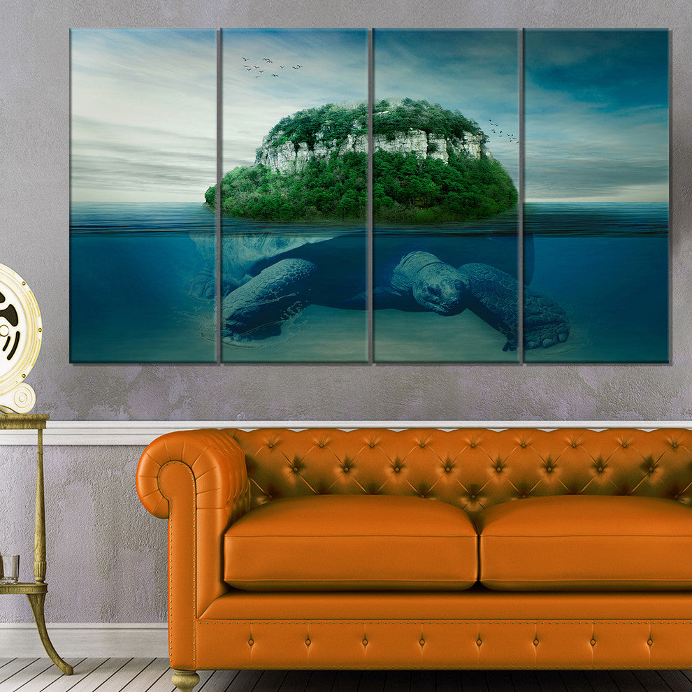 Giant Turtle Carrying Island, Oversized Abstract Canvas Art, 48"x28", 4 Panels