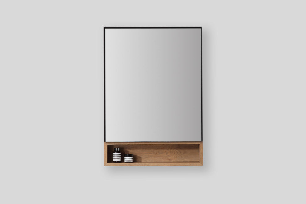 Bergen Modern Medicine Cabinet, Matte Black Frame, Pecan Oak Shelf, 24"