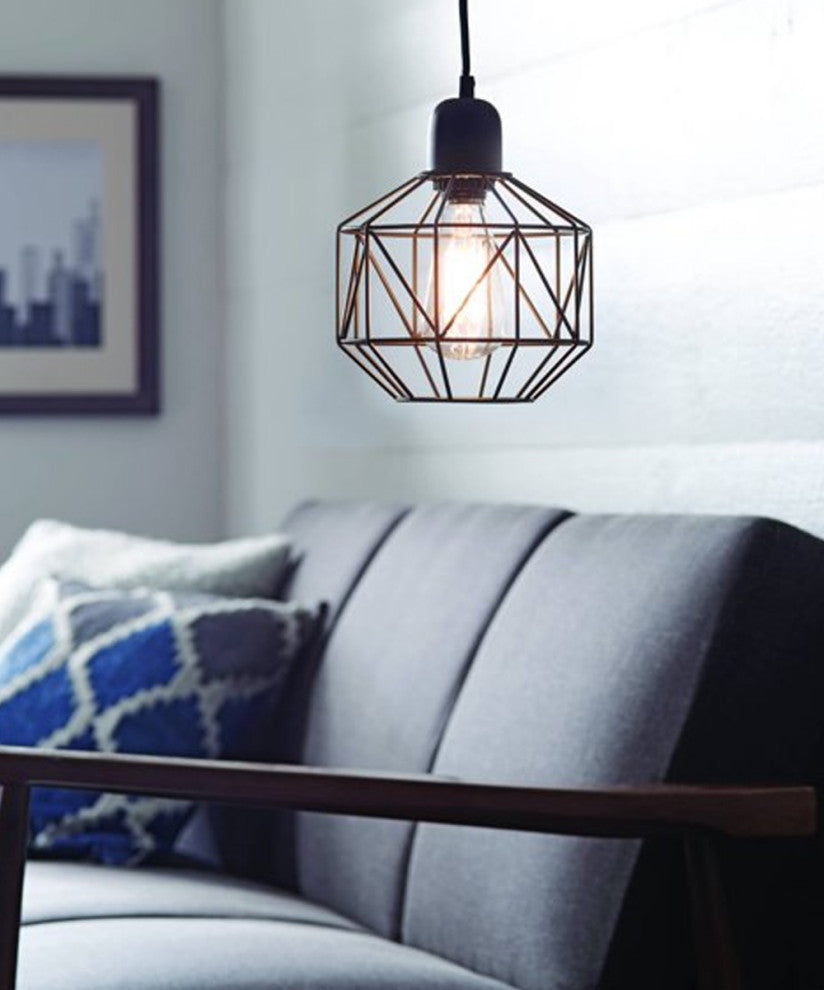 7"W 1-Light LED Metal Cage Plug-In Swag Pendant Light Bronze Finish