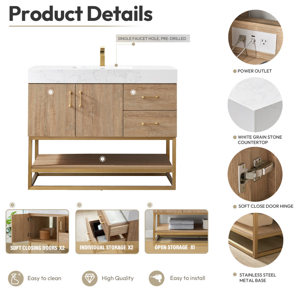 Alistair Vanity, North American Oak With Countertop, 42", With Mirror