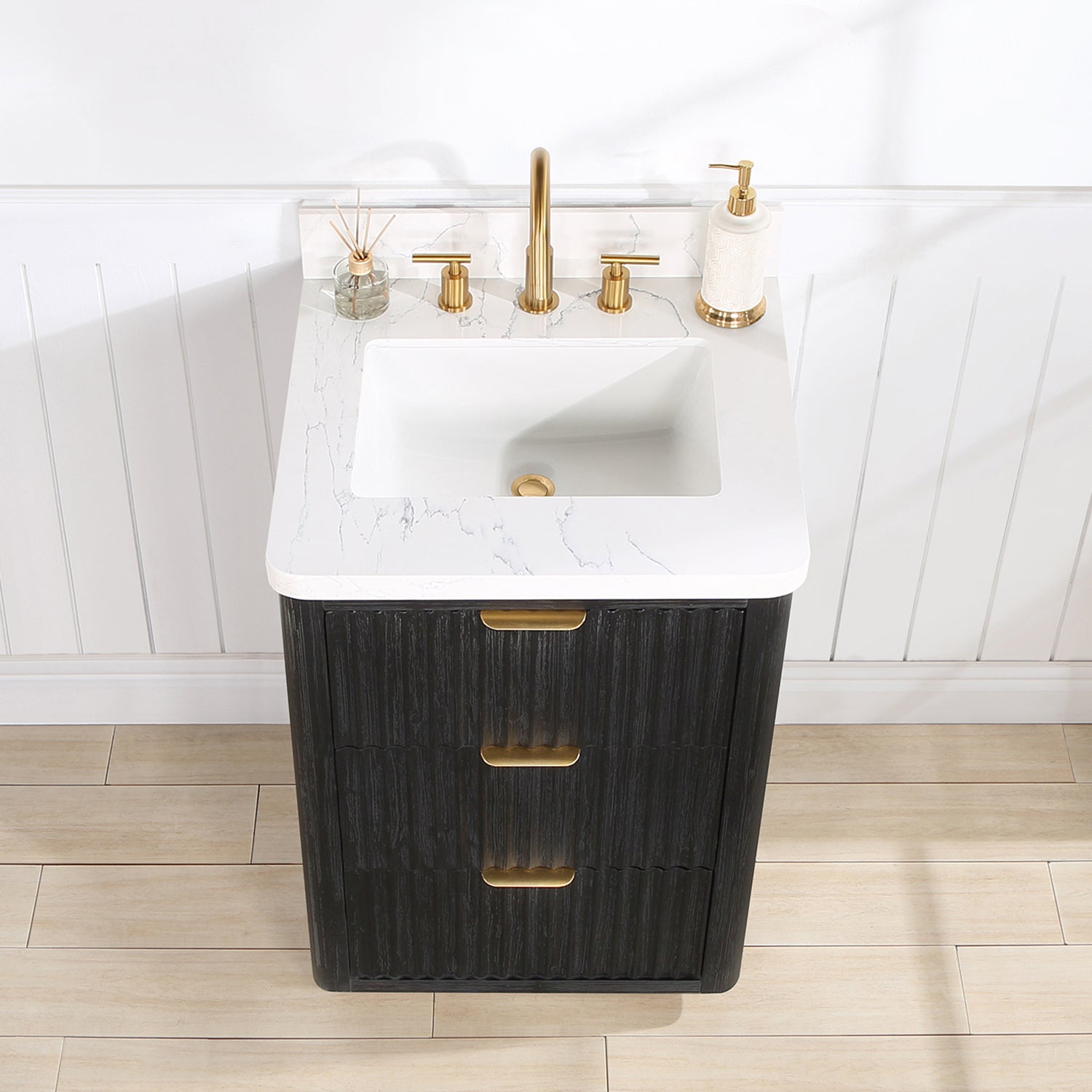 Vinnova Cadiz Bath Vanity, Composite Stone Top, Black, 24", No Mirror
