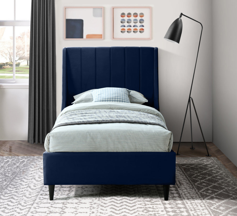 Eva Velvet Upholstered Bed, Navy, Twin