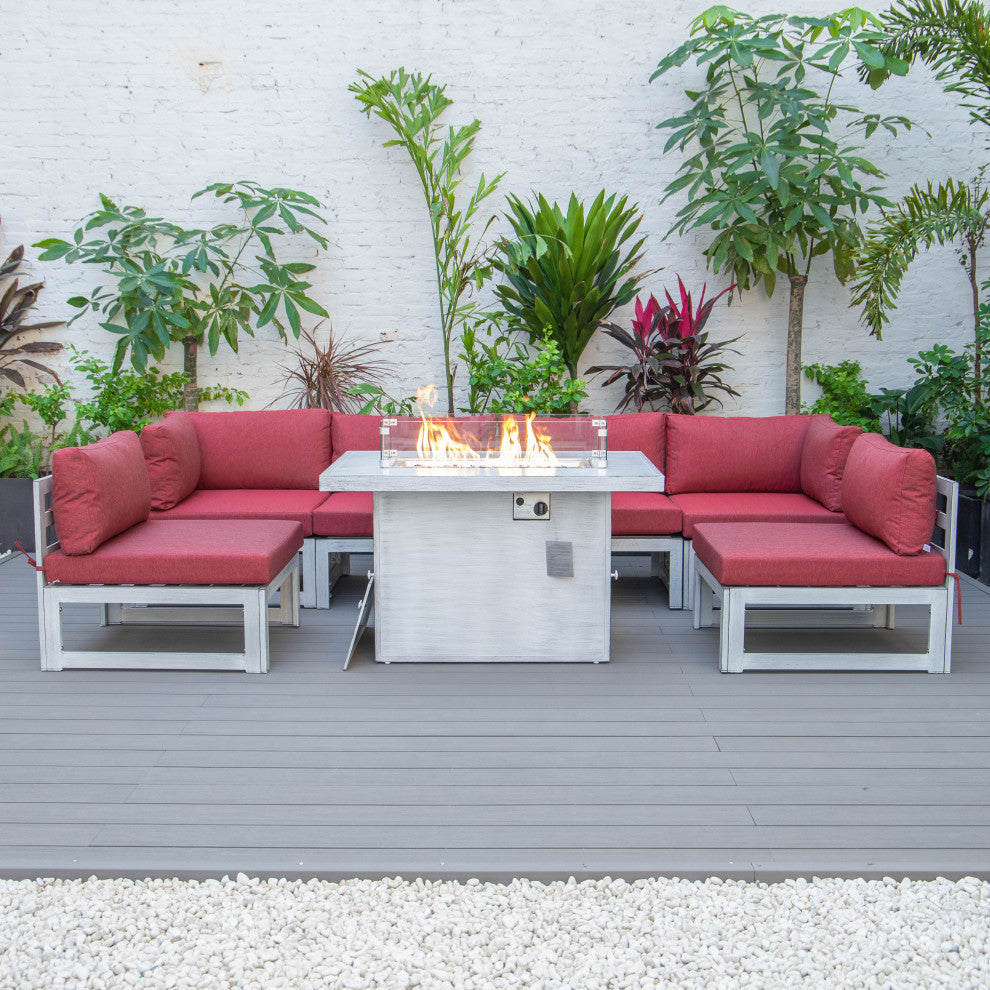 LeisureMod Chelsea 7-Piece Gray Patio Sectional With Fire Pit Table, Red