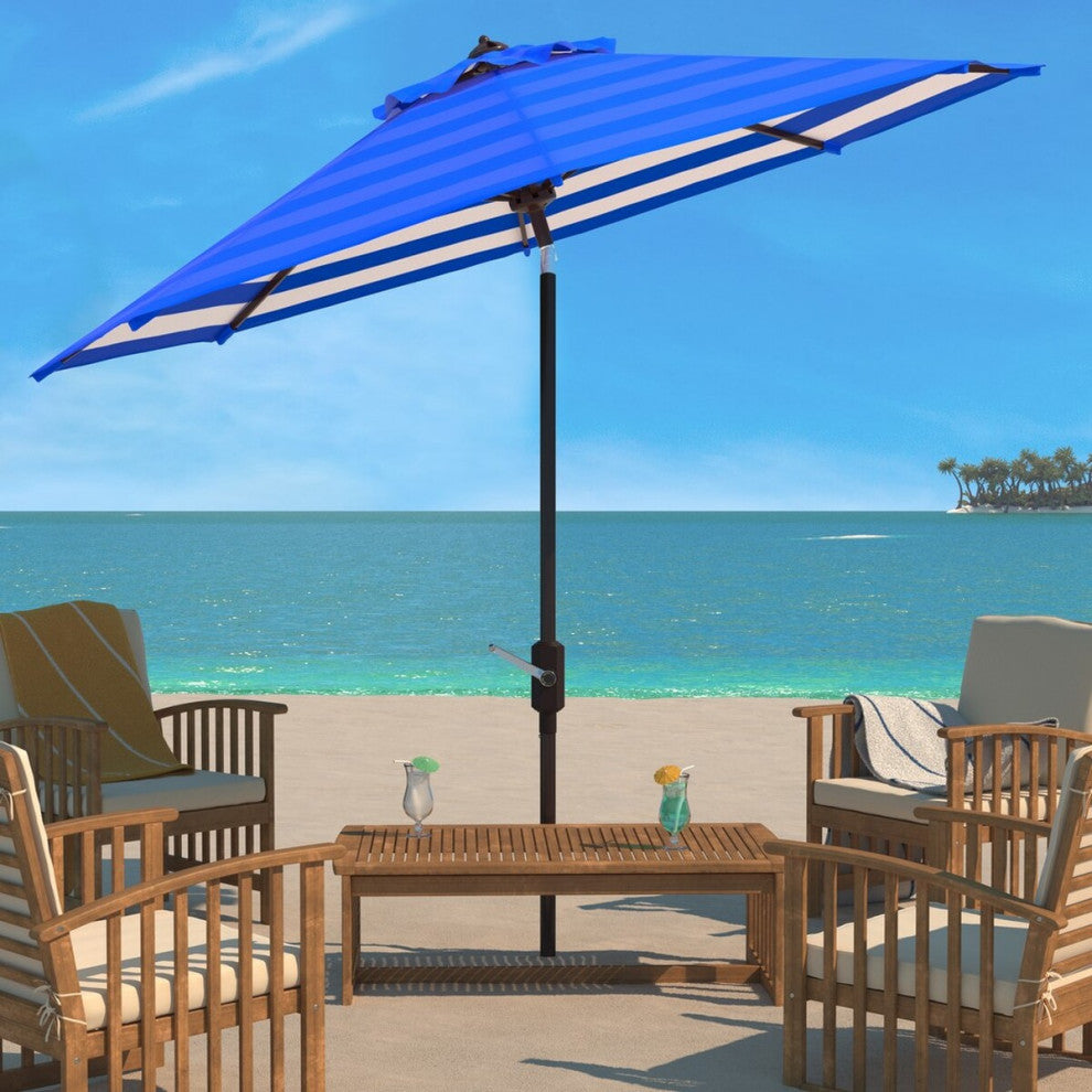 Athens Inside Out Striped 9' Crank Outdoor Auto Tilt Umbrella Pacific Blue